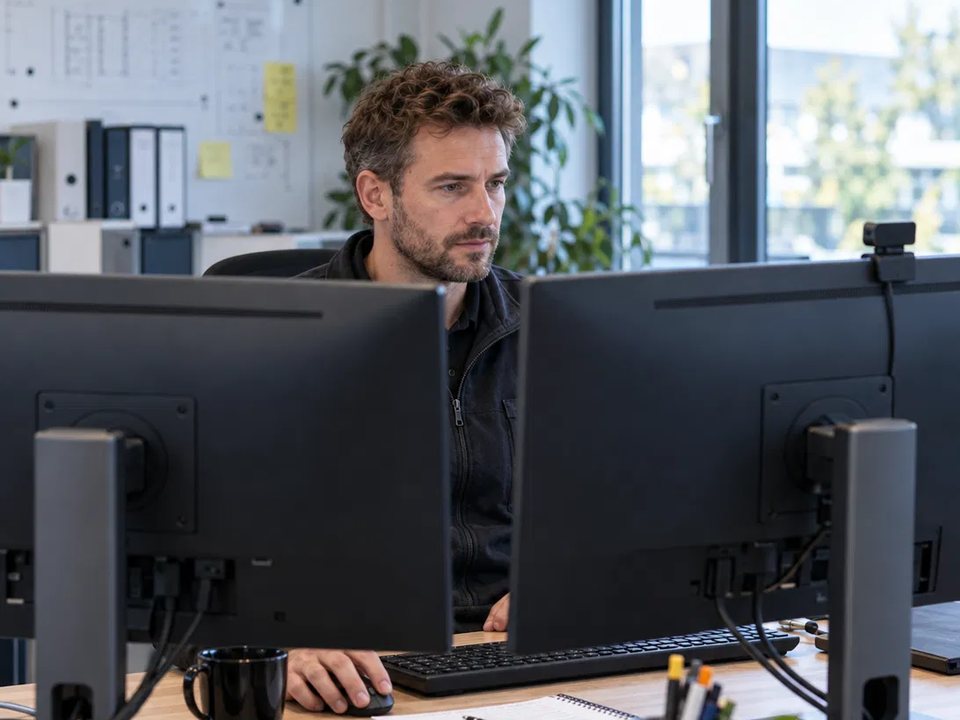 KI-generiertes Bild: Ein Mitarbeiter im Monitoring wertet Daten an zwei Bildschirmen aus