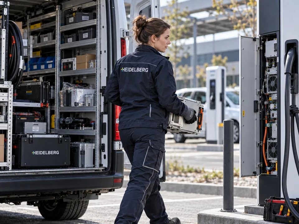 KI-generiertes Bild: Eine Technikerin bringt ein Ersatzteil aus dem Servicefahrzeug zur Ladesäule