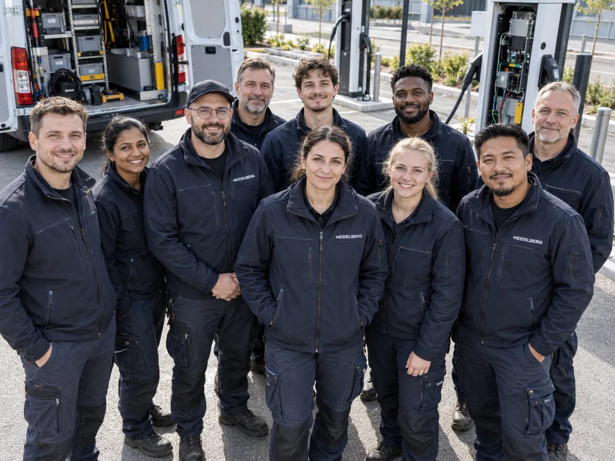 KI-generiertes Bild: Das Service-Team in Arbeitsjacken vor Servicefahrzeug und Ladesäulen