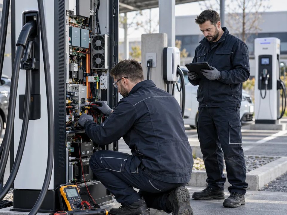 KI-generiertes Bild: Zwei Techniker arbeiten an einer geöffneten DC-Ladesäule, einer prüft Werte auf dem Tablet